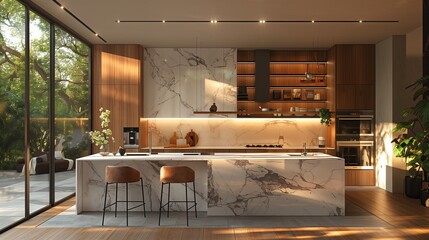 Wall Mural - 3d rendering of modern kitchen with island and barstools in white marble, wooden floor, open space to dining room.