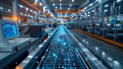 Leinwandbilder - A modern factory conveyor belt glows with digital data, showcasing automation and technology in a streamlined production environment.