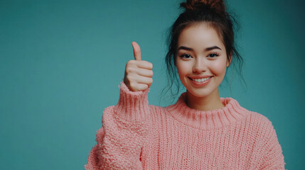 Wall Mural - young woman is smiling and giving thumbs up while wearing cozy pink sweater against teal background, radiating positivity and confidence