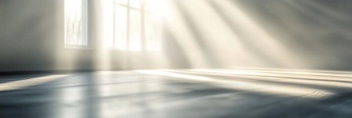 Poster - A photograph of an empty room with concrete walls and floor, sunlight shining through the window creating soft shadows on the wall