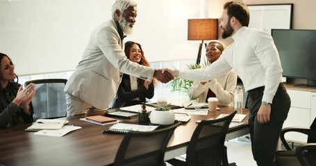 Poster - Business, people and handshake with applause in meeting for promotion, congratulations and partnership deal. Professional, employees and team in office with shaking hands for achievement and success