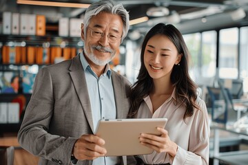 Wall Mural - Happy Business Teamwork: Professional Asian Woman and Latin Man Collaborate Using Tablet and Laptop in Modern Office Discussing Financial Market Data