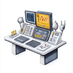 Poster - A detailed illustration of a control panel with monitors and various controls on a white background.