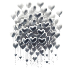 Poster - A cluster of white heart-shaped balloons floating against a black background, symbolizing love and celebration.