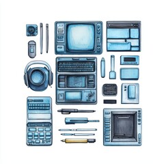 Poster - Collection of vintage technology devices on a white isolated background.