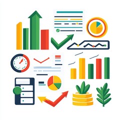 Poster - Colorful business analytics and growth icons on white background, representing success and data visualization.