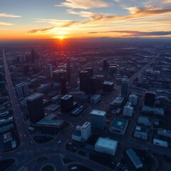 aerial view of city skyline at sunset, golden hour light, urban landscape, skyscrapers silhouettes, vibrant orange sky, dramatic clouds, cityscape panorama, high-rise buildings, dusk atmosphere, bird'