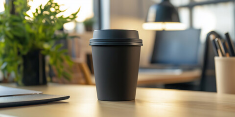 Poster - Black paper coffee cup standing on wooden desk in modern office