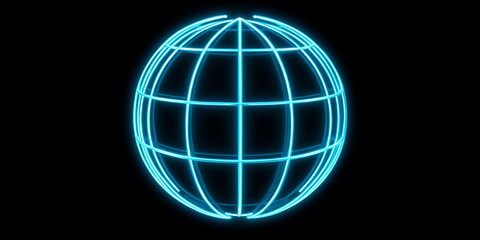 Poster - Glowing blue neon wireframe globe rotating on black background