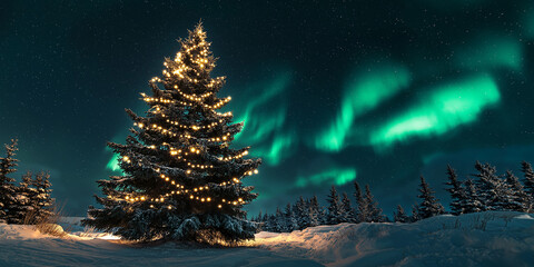 Poster - Christmas tree shining under the northern lights in a snowy landscape