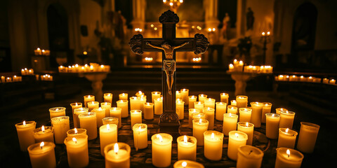 Burning votive candles illuminating crucifix in church interior