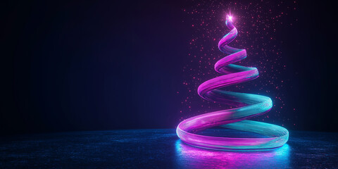 Wall Mural - Glowing neon christmas tree shining on dark background with particles