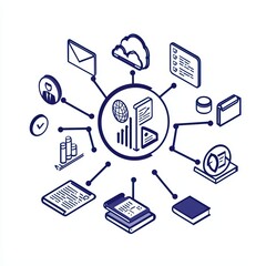 Poster - Illustration of data management network with various icons on white background.