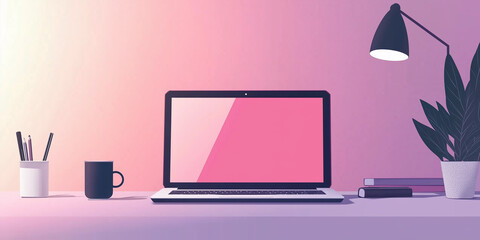 Aufkleber - Modern pink home office desk setup with laptop showing solid color background