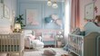 © Xabrina - Pastel themed nursery, with soft pink and blue walls, pastel furniture, and adorable decor.