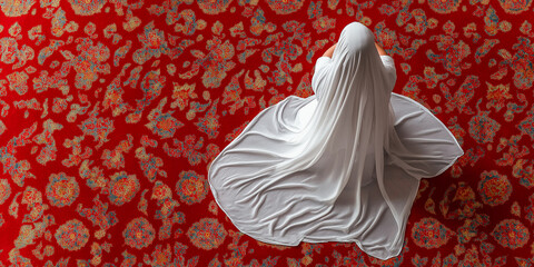 Muslim woman praying on red carpet wearing white veil