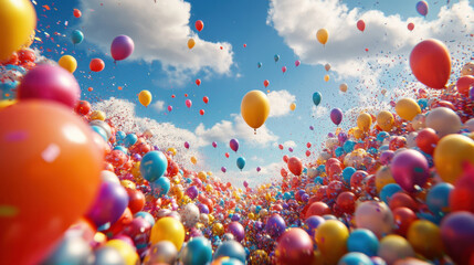 vibrant scene filled with colorful balloons and confetti under bright blue sky, creating festive and joyful atmosphere