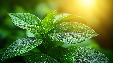 Wall Mural - Dew Drops on Green Leaves with Sunbeams Nature Photography