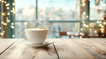 steaming cup of cappuccino sits on wooden table, creating cozy atmosphere in cafe with blurred background of city lights