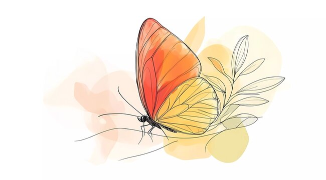 One-line drawing style, simple lines of a butterfly in flight, vector illustration, white background, no shadows, cute cartoon character. 
