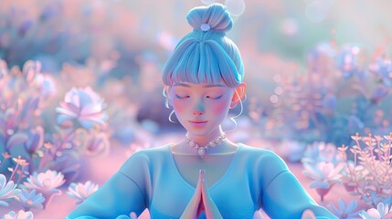 Wall Mural - Woman meditating, with soft pink and blue attire, a peaceful expression.