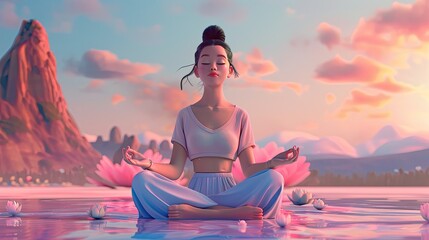 Wall Mural - Woman meditating, with soft pink and blue attire, a peaceful expression.
