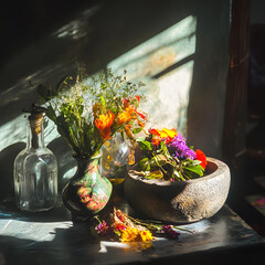 Thai Herbal Medicine Experimentation and Extraction Process, Featuring Colorful Traditional Herbs, Laboratory Equipment, and Scientific Analysis