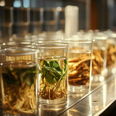 Thai Herbal Medicine Experimentation and Extraction Process, Featuring Colorful Traditional Herbs, Laboratory Equipment, and Scientific Analysis