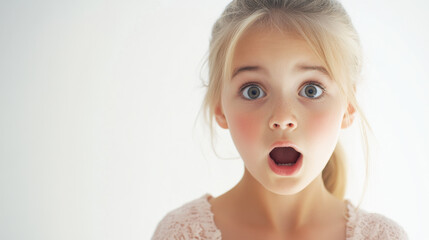 Wall Mural - Surprised young girl with wide eyes and open mouth, expressing astonishment and curiosity. Her light hair frames her face, creating captivating portrait