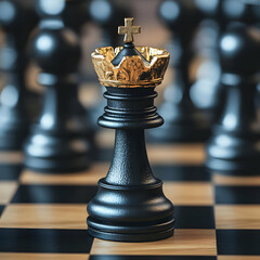 Wall Mural - Black King Chess Piece 3D Illustration on a Chessboard