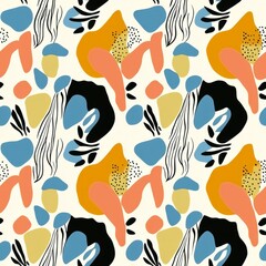 Wall Mural - seamless pattern of abstract floral shapes with bold colors and geometric elements, blending modern 