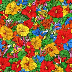 Wall Mural - seamless pattern of bold tropical flowers, including hibiscus and bird of paradise, in bright, contr
