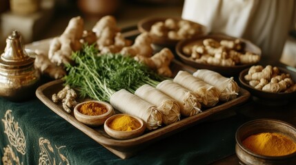 Herbal compresses being prepared with ingredients