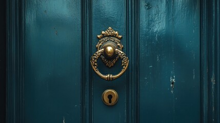 Wall Mural - A close-up view of a  brass door knocker on a teal blue door.