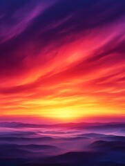 Poster - A breathtaking sunrise paints the sky in vibrant shades of orange, purple, and pink over rolling hills, creating a serene and tranquil landscape.