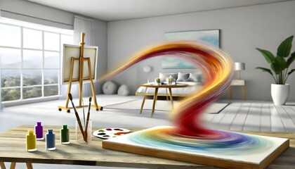 Aufkleber - A vibrant art studio features a canvas with colorful swirling paint, surrounded by art supplies and a tranquil view through large windows.