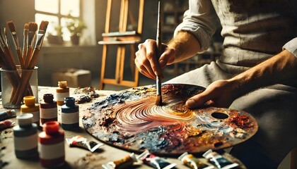 Aufkleber - A person paints on a palette filled with vibrant colors, surrounded by art supplies in a cozy studio setting.