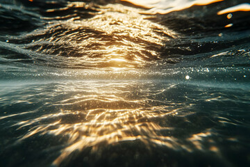 Wall Mural - golden hour underwater photo - sunlight shining through water waves