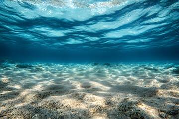 Wall Mural - underwater ocean floor photo - sunlight, sand ripples, blue water