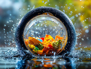 Wall Mural - photo colorful splashing water drops inside a round glass container