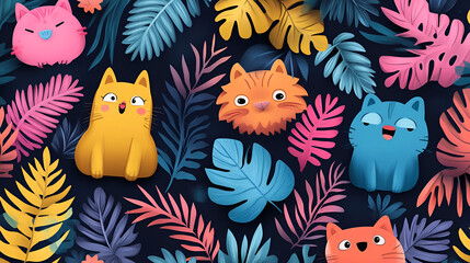 Wall Mural - A colorful and lively pattern featuring playful abstract characters and vibrant jungle-like foliage in bold, neon hues on a dark background.