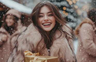 Joyful woman in fur coat with Christmas shopping bags