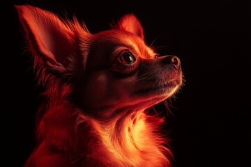 Mystic portrait of baby Chihuahua in studio, copy space on right side, Headshot, Close-up View, isolated on black background