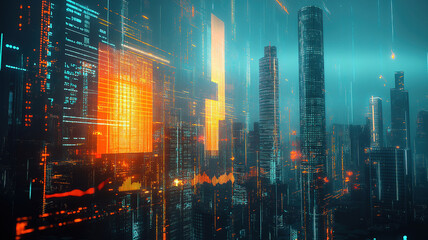 Poster - Exploring Financial Insights Through Double Exposure of Business Charts and Urban Districts