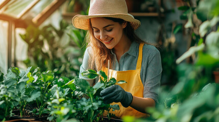 Wall Mural - gardener watering plant in greenhouse garden