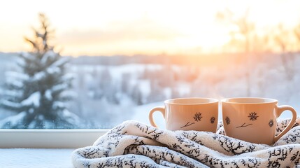 Tranquil winter scene showcasing two mugs on a windowsill against a picturesque snowy backdrop as the sun sets in the distance