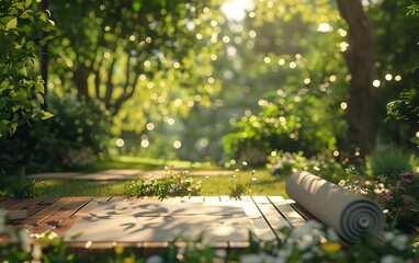 Poster - A serene outdoor yoga space with a rolled mat surrounded by lush greenery and dappled sunlight filtering through the trees.