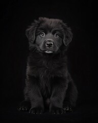 the baby Newfoundland front view, white copy space on right, Isolated on black Background