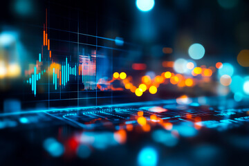 Futuristic digital screen with financial data analysis and light bokeh effects, illustrating modern technology and analytics.