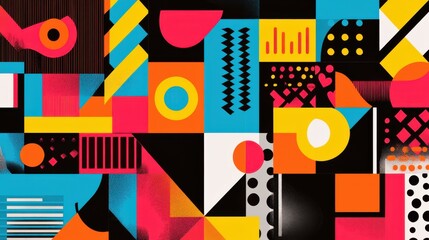 Brightly colored geometric patterns with sharp contrasts, creating a lively, eye-catching visual